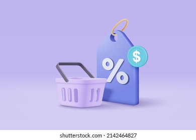 3d shopping bag with price tags for online shopping and digital marketing concept. Basket and promotion tag on purple background. Shopping bag for buy, sale, discount. 3d vector icon illustration