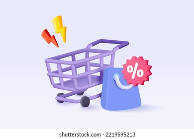 3d shopping bag with price tags for online shopping and digital marketing concept. Basket and promotion tag on purple background. Shopping bag for buy, sale, discount. 3d vector icon illustration