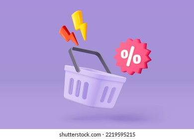 3d bolsa de compra con etiquetas de precio para compras en línea y concepto de marketing digital. Etiqueta de cesta y promoción sobre fondo morado. Bolsa de compra, venta, descuento. Ilustración de iconos vectoriales de 3 d