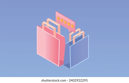 3D shopping bag rating five stars for best excellent product rating for online shopping concept. Customer rating feedback for buy, sale, discount, promotion.3d goal for selling online shopping.