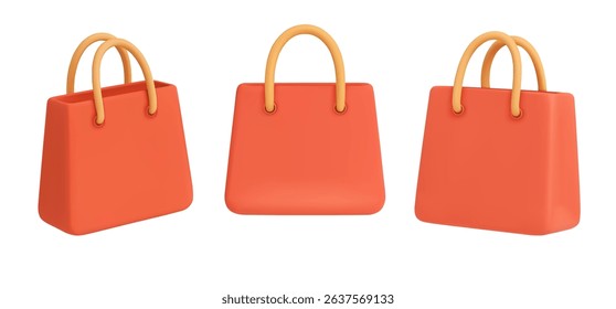 3D shopping bag. Red paper bags, handbag with round handles for retail, fashion and purchase ads banners. Plastic purchase bag, gift package cartoon soft render vector set.