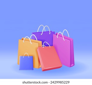 3D Shopping Bag Set Isolated. Render Collection Realistic Gift Bag. Sale, Discount or Clearance Concept. Online or Retail Shopping Symbol. Fashion Handbag. Vector Illustration