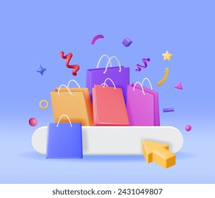 3D Shopping Bag Set Isolated. Render Collection Realistic Gift Bag. Sale, Discount or Clearance Concept. Online or Retail Shopping Symbol. Fashion Handbag. Vector Illustration