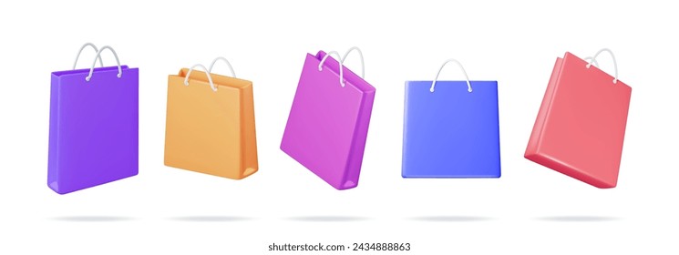 3D Einkaufstasche Set isoliert auf weißem Hintergrund. Render Collection Realistische Geschenktasche. Verkaufs-, Rabatt- oder Abrechnungskonzept. Symbol für Online- oder Einzelhandel. Mode-Handtasche. Vektorgrafik