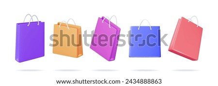 3D Shopping Bag Set Isolated on White Background. Render Collection Realistic Gift Bag. Sale, Discount or Clearance Concept. Online or Retail Shopping Symbol. Fashion Handbag. Vector Illustration