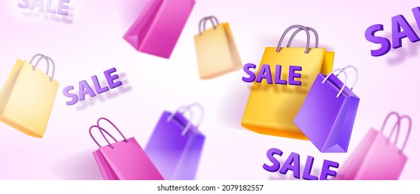 3D shopping bag vector background, multi-colored paper empty package special offer internet banner. Fashion sale concept, online discount e-commerce advertisement promotion poster. Flying shopping bag