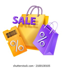 3D shopping bag vector icon, online web sale e-commerce concept, promotion discount coupon on white. Special offer present package, percent voucher lucky ticket. Paper shopper, 3D bag clipart