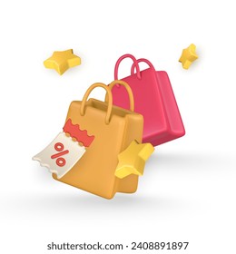 3d shopping bags banner in cartoon style. Discount, promotion, sale, shopping concept. Vector illustration.