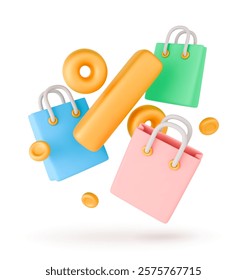 3D shopping bags with golden percent tag. Spring discount 3D vector concept. Flying colorful bag golden coins around. Special sale gift present flayer. Realistic vector icon on white for sale.