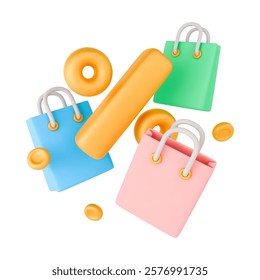 3D shopping bags with golden percent tag. Spring discount 3D vector concept. Flying colorful bag golden coins around. Special sale gift present flayer. Realistic vector icon on white for sale.