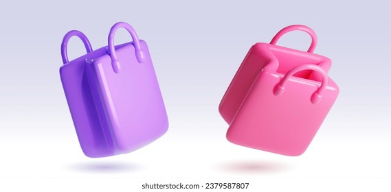 bolsas de compras 3D aisladas en segundo plano. Ilustración vectorial realista de paquetes de plástico gloso púrpura y rosa para compra o regalo, icono de descuento o venta para el diseño de la web de la tienda, tienda de moda