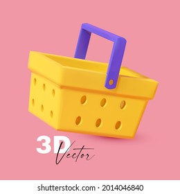 3D shopping basket. Colorful realistic render. Shopping icon. Sale sign.