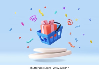 3d shopping basket with confetti and gift box. Shopping cart. Online shopping. E-commerce and digital marketing concept. Sale of goods. 3D Rendering. Vector illustration