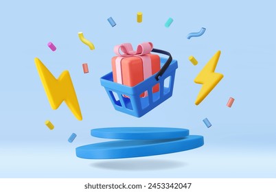 3d shopping basket with confetti and gift box. Shopping cart. Online shopping. E-commerce and digital marketing concept. Sale of goods. 3D Rendering. Vector illustration