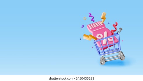 3d shopping basket and coupon with percentage symbol. Render realistic shopping cart and colorful confetti around discount voucher. Sale discount clearance. Online retail shopping. Vector illustration