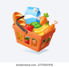 3d shopping basket filled with fresh groceries like vegetables, bread, and fruit, representing supermarket shopping and healthy eating. 3d rendering. Vector illustration