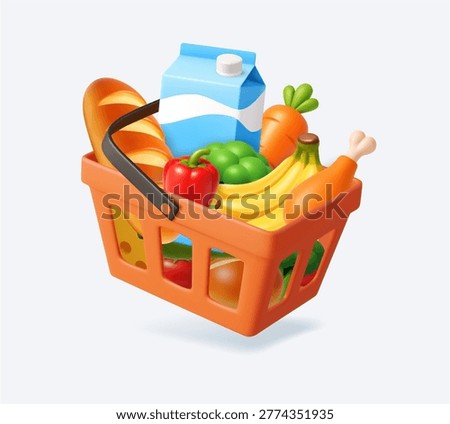 3d shopping basket filled with fresh groceries like vegetables, bread, and fruit, representing supermarket shopping and healthy eating. 3d rendering. Vector illustration