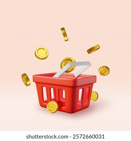 3d shopping basket and gold coins isolated. Render shopping cart and golden coin. Promotion or cash back, sale, discount or clearance. Online or retail shopping. Vector illustration