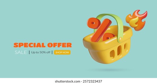 3d Shopping basket with percentage sign inside and burning flame emoji. Hot sale concept banner vector illustration.