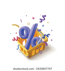 3D Shopping Basket with Percentage Symbol and Confetti Isolated. Render Realistic Shopping Cart and Colorful Confetti Around. Sale Discount or Clearance. Online or Retail Shopping. Vector Illustration