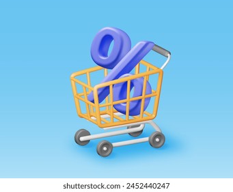 Cesta de la compra 3D con símbolo de porcentaje aislado. Representar Carrito de compras realista y signo de porcentaje colorido. Descuento de venta o liquidación. Compra online o minorista. Ilustración vectorial