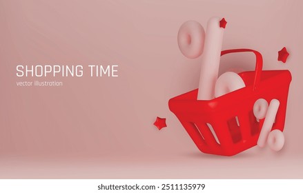 Cesta de compras 3D com símbolo de porcentagem isolado. Renderize o carrinho de compras realista e o sinal de porcentagem colorido. Desconto ou liberação de venda. Compras on-line ou de varejo. Ilustração vetorial