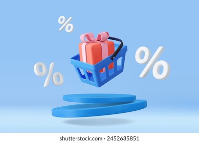 3d shopping basket with percentages. Shopping cart with gift box. Promo background. Promotion banner, web poster. 3D Rendering. Vector illustration