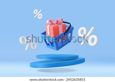 3d shopping basket with percentages. Shopping cart with gift box. Promo background. Promotion banner, web poster. 3D Rendering. Vector illustration