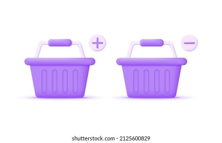 3d shopping basket and plus, minus isolated on white background. Online shopping concept. Trendy and modern vector in 3d style.