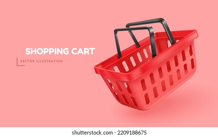 3d shopping basket. Render empty shop cart, realistic floating red market basketof for product trading supermarket cashier food goods bucket of consumer store, vector illustration of supermarket cart