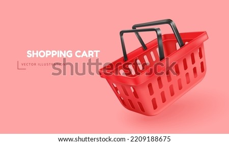 3d shopping basket. Render empty shop cart, realistic floating red market basketof for product trading supermarket cashier food goods bucket of consumer store, vector illustration of supermarket cart