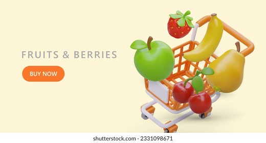 3D shopping cart, apple, banana, pear, cherry, strawberry. Fruits and berries. Advertising of online grocery store. Template with text and button. Buy now