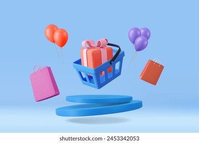 Carrito de compras 3d con bolsos y caja de regalo. Compras en línea. Concepto de comercio electrónico y marketing digital. Venta de bienes. Procesamiento 3D. Ilustración vectorial