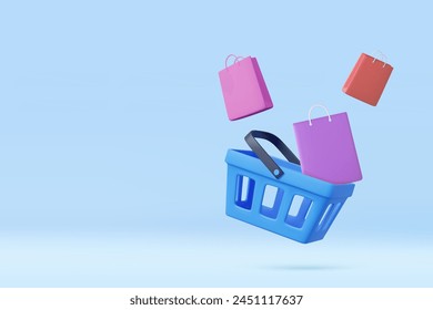 Carrito de compras 3d con bolsos. Compras en línea. Concepto de comercio electrónico y marketing digital. Venta de bienes. Procesamiento 3D. Ilustración vectorial