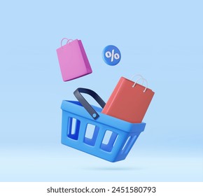 Carrito de compras 3d con bolsos y signo de porcentaje. Compras en línea. Concepto de comercio electrónico y marketing digital. Venta de bienes. Procesamiento 3D. Ilustración vectorial