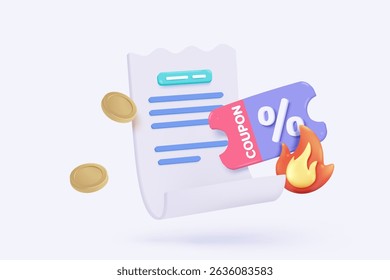 3D shopping cart with bill icon for payment transaction notice. paper receipt for shopping offer in store. Business invoice bill expenses idea concept. 3d invoice list icon vector render illustration
