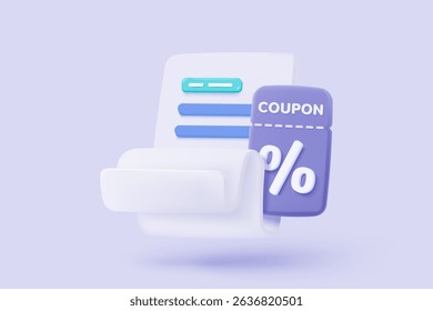 3D shopping cart with bill icon for payment transaction notice. paper receipt for shopping offer in store. Business invoice bill expenses idea concept. 3d invoice list icon vector render illustration