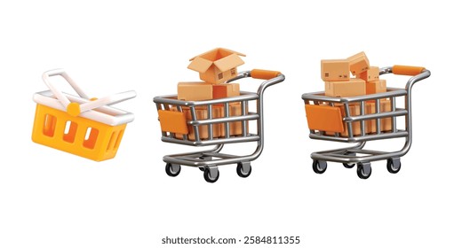 3D Shopping cart and cardboard box icon set, Fast delivery concept from online store, logistics package delivery, Cargo box icon on shopping cart 3d render