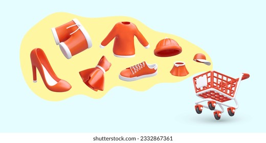 3D shopping cart, clothes, hats, shoes. Shopping planning. Color banner for store, manufacturer. Large assortment. List of deferred purchases. Template for web design