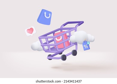 3D shopping cart with cloud for online shopping and digital marketing ideas. 3d basket shop cart and promotional labels on white background shopping bag buy sell discount 3d vector icon illustration - Shutterstock ID 2143411437