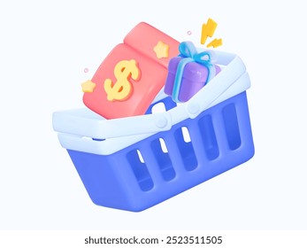 Carrinho de compras 3D com um cupom com dólar e presente. Ilustração de vetor brilhante.  Para promoções, vendas e ofertas de presentes.