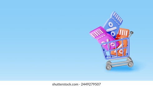 3d shopping cart and coupon with percentage symbol. Render realistic shopping basket and colorful discount voucher. Sale discount clearance. Online retail shopping. Vector illustration