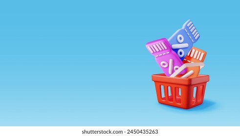 Carrito de compras 3d y Cupón con símbolo porcentual. Ofrezca una cesta de la compra realista y un cupón de descuento colorido. Liquidación de descuento de venta. Compra minorista en línea. Ilustración vectorial