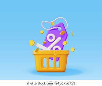 Carrito de compras 3d y Cupón con símbolo porcentual. Ofrezca una cesta de la compra realista y un cupón de descuento colorido. Liquidación de descuento de venta. Compra minorista en línea. Ilustración vectorial