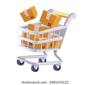 3D shopping cart with delivery boxes for online shopping and digital marketing, big sale. Shopping trolley and parcel boxes illustration. 3D vector illustration