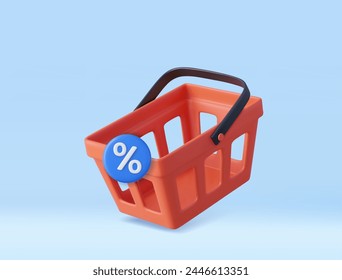 3D Shopping cart with discount. Online shopping concept. Sale on goods in supermarket. 3D Rendering. Vector illustration