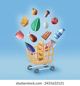 3D Shopping Cart with Fresh Products. Render Grocery Store, Supermarket. Food and Drinks. Milk, Vegetables, Meat Chicken, Cheese, Sausage, Salad, Bread Chocolate Egg. Vector illustration