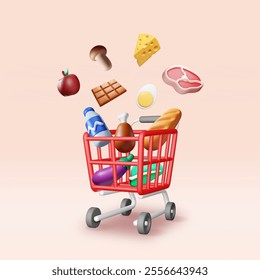 3D shopping cart with fresh products. Render grocery store, supermarket. Food and drinks. Milk, vegetables, meat chicken, cheese, sausage, salad, bread chocolate egg. Vector illustration