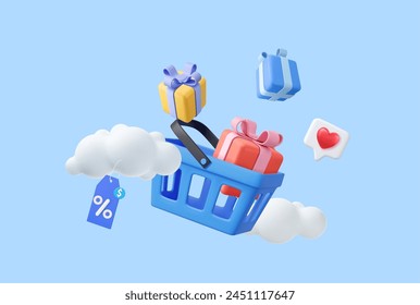 3d shopping cart and gift boxes inside. concept of online shopping, sales and discounts in stores. 3D Rendering. Vector illustration