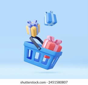 Carrito de compras 3d y cajas de regalo en el interior. concepto de compras online, ventas y descuentos en tiendas. Procesamiento 3D. Ilustración vectorial